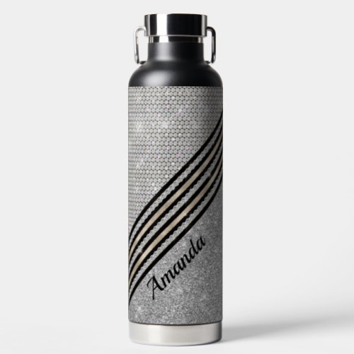 Chic faux Crystal and Silver glitter Personalised Water Bottle