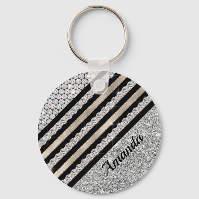 Chic faux Crystal and Silver glitter Personalized Keychain (Front)
