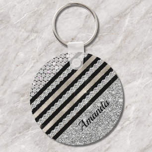 Chic faux Crystal and Silver glitter Personalized Keychain