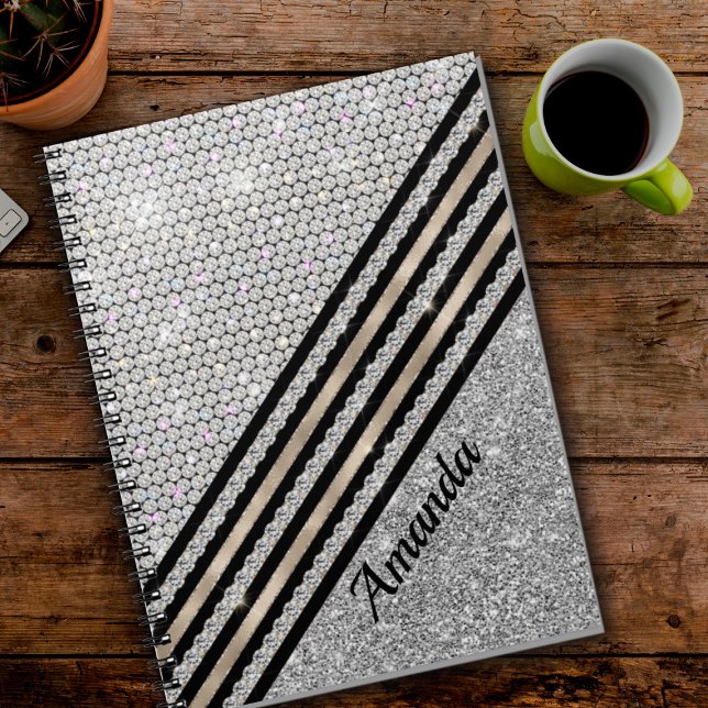 Chic faux Crystal and Silver glitter Personalized Notebook (Creator Uploaded)