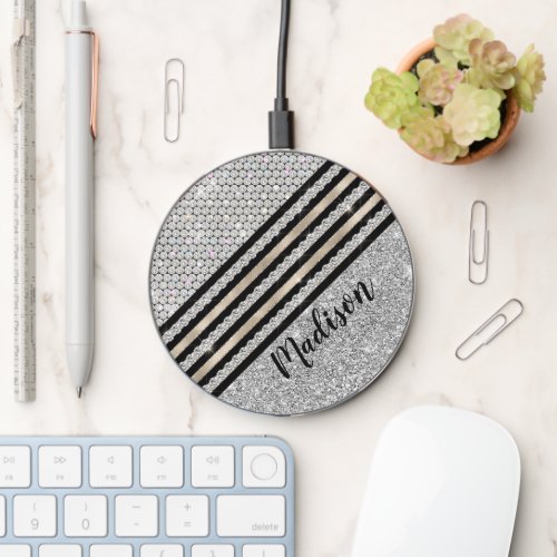 Chic faux Crystal and Silver glitter Personalized Wireless Charger