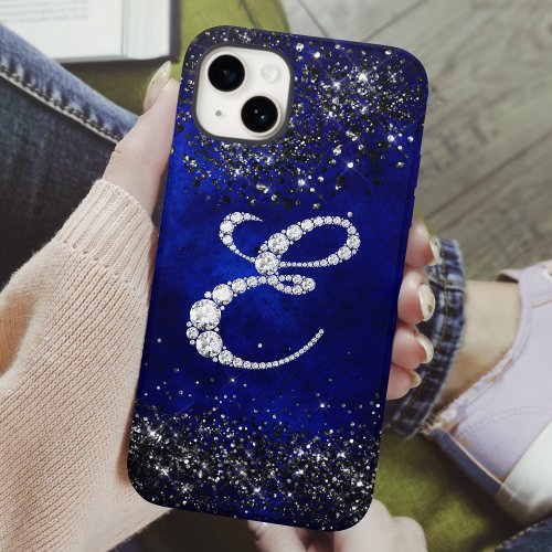 Chic faux Crystal rhinestone letter E royal blue iPhone 15 Case
