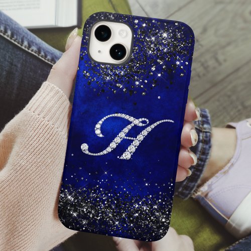 Chic faux Crystal rhinestone letter H royal blue iPhone 15 Case