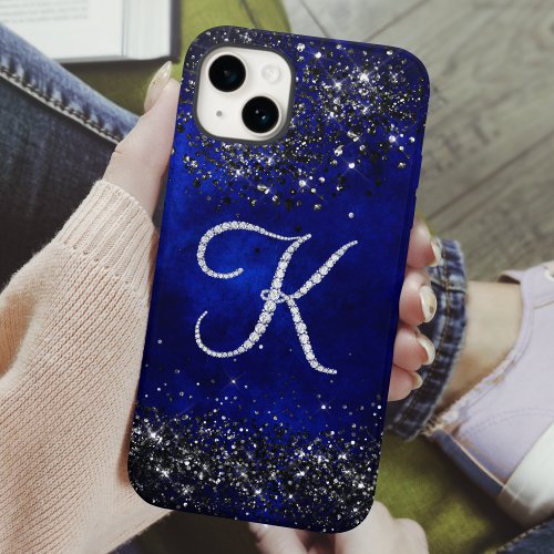 Chic faux Crystal rhinestone letter K royal blue iPhone 15 Case