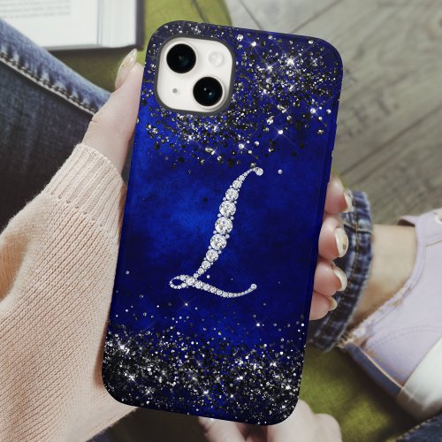 Chic faux Crystal rhinestone letter L royal blue iPhone 15 Case