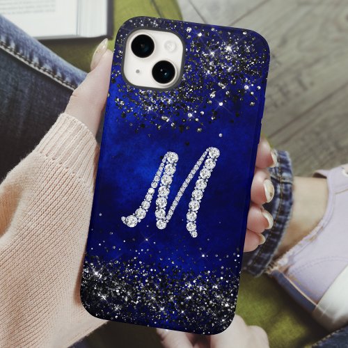 Chic faux Crystal rhinestone letter M royal blue iPhone 15 Case