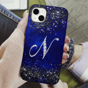 Chic faux Crystal rhinestone letter N royal blue iPhone 15 Case