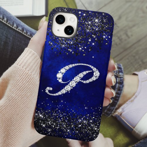 Chic faux Crystal rhinestone letter P royal blue iPhone 15 Case