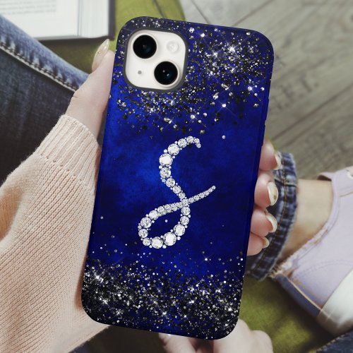 Chic faux Crystal rhinestone letter S royal blue iPhone 15 Case