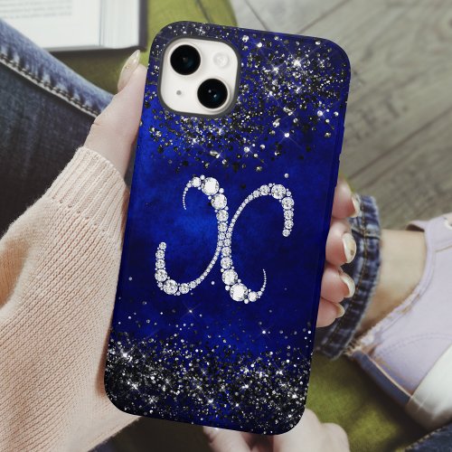 Chic faux Crystal rhinestone letter X royal blue iPhone 15 Case