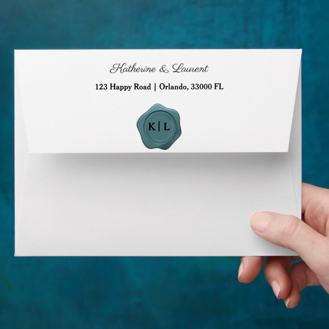 Chic Faux Dark Teal Blue Wax Seal, Custom Initials Envelope (Hand)
