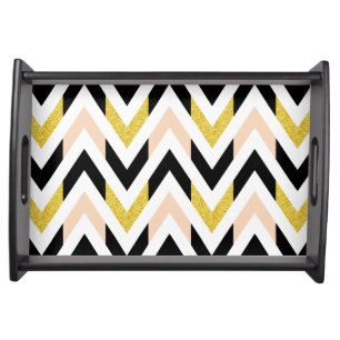 Chic Faux Glitter Gold, Black, Pink, White Chevron Serving Tray