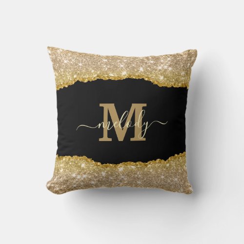 Chic Faux Glitter Script Monogram Name Throw Pillow