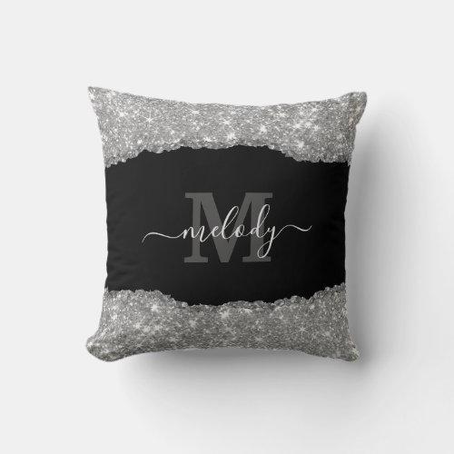 Chic Faux Glitter Script Monogram Name Throw Pillow