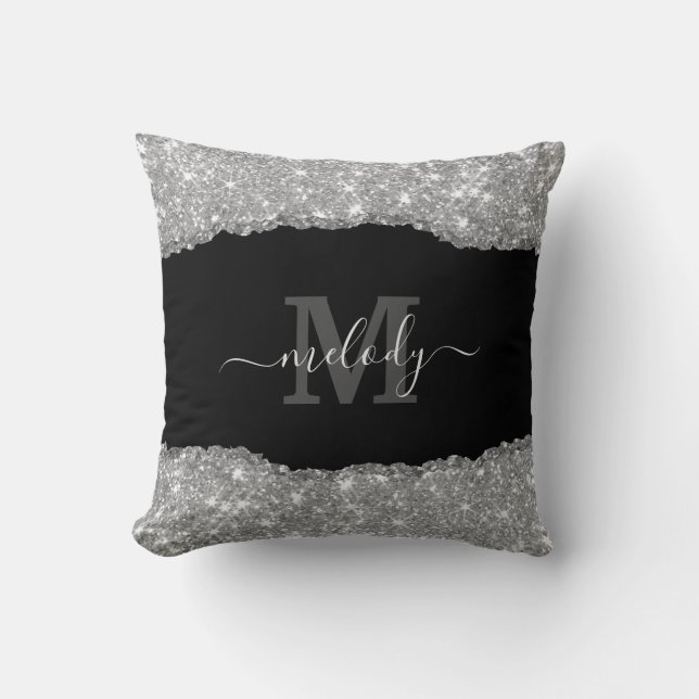 Chic Faux Glitter Script Monogram Name Throw Pillow (Front)