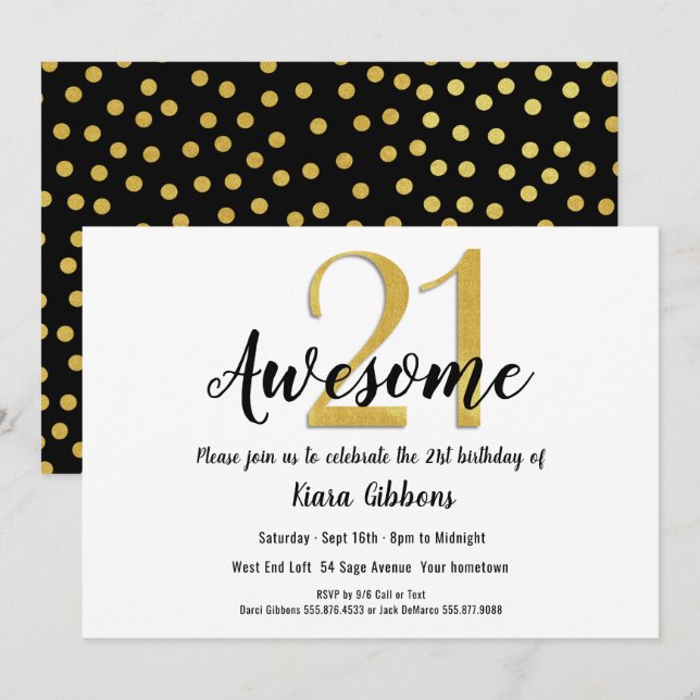 Chic Faux Gold 21st Birthday Party Invitation (Front/Back)