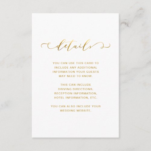 Chic Faux Gold and White Wedding Details Enclosure Card