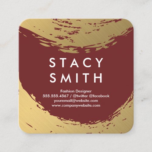 Chic Faux Gold Brushed Deep Red Square Business Card