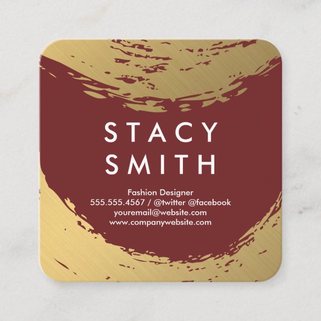 Chic Faux Gold Brushed Deep Red Square Business Card (Front)