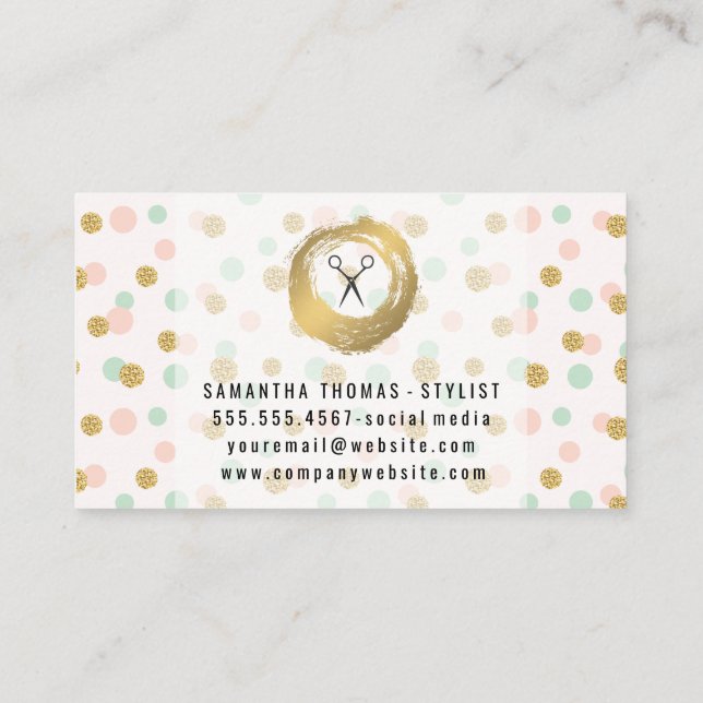 Chic Faux Gold Brushed | Glitter Polka Dots Business Card (Back)