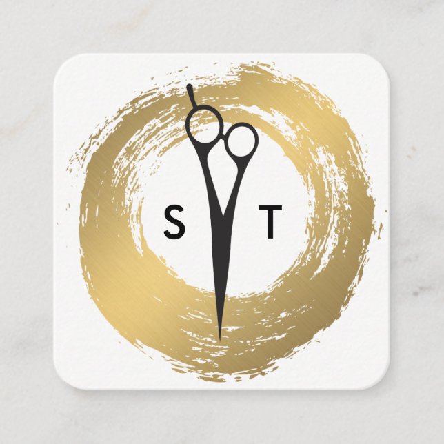 Chic Faux Gold Brushed Salon Stylist Monogram Square Business Card (Front)