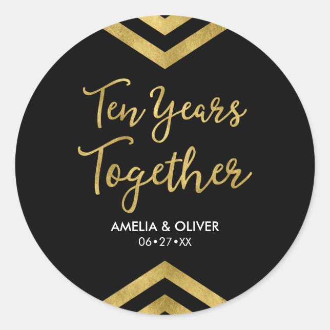 Chic Faux Gold Chevron 10th Anniversary Party Classic Round Sticker (Front)
