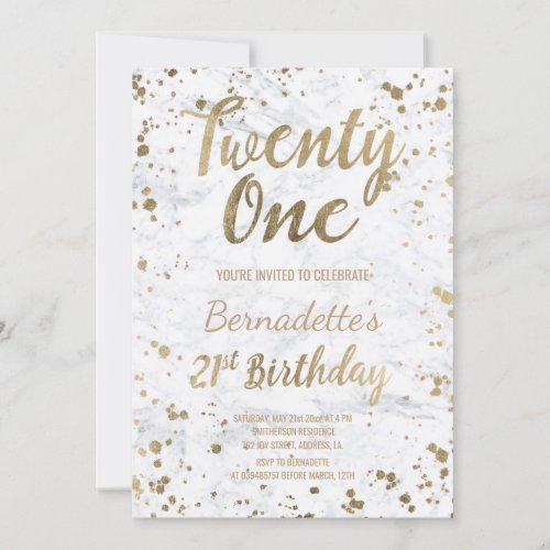 Chic Faux gold confetti white marble 21st Birthday Invitation