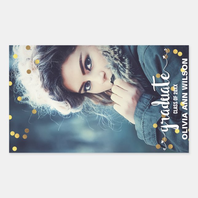 Chic Faux Gold Foil Confetti Photo Graduation Rectangular Sticker (Front)