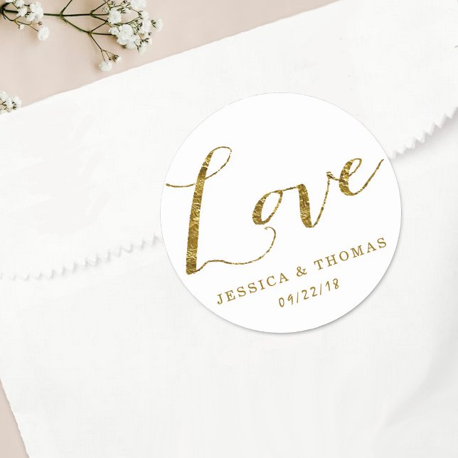 Chic Faux Gold Foil Custom Wedding Love Template Classic Round Sticker (Creator Uploaded)