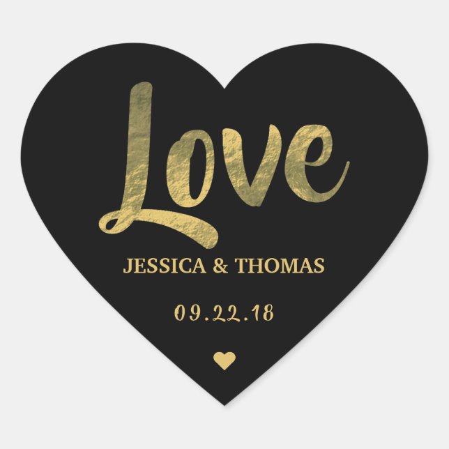Chic Faux Gold Foil Custom Wedding Love Template Heart Sticker (Front)