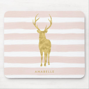 Chic Faux Gold Foil Deer on Pink Stripes Mouse Pad