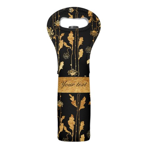 Chic Faux Gold Foil Flowers on Black Wine Bag