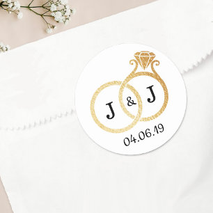 Chic Faux Gold Foil Monogram Wedding Rings Classic Round Sticker