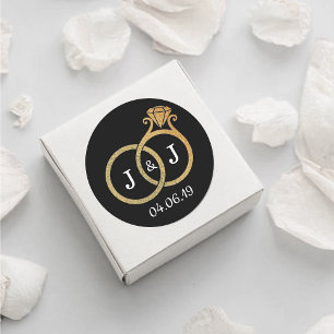Chic Faux Gold Foil Monogram Wedding Rings Classic Round Sticker