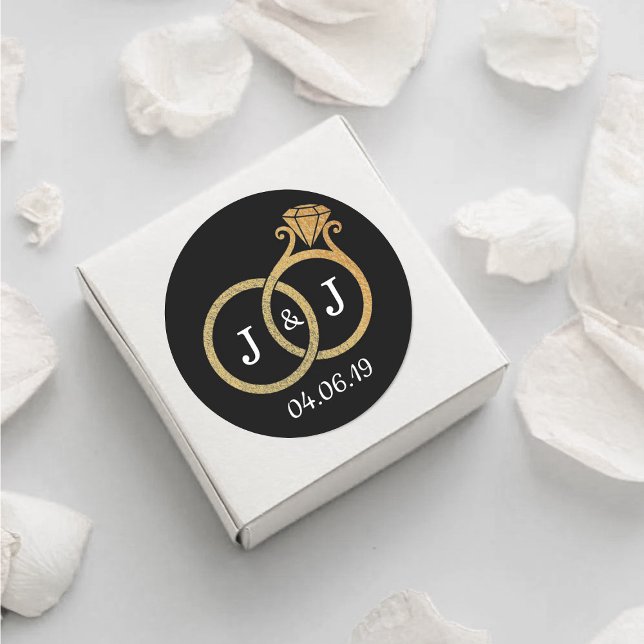 Chic Faux Gold Foil Monogram Wedding Rings Classic Round Sticker (Creator Uploaded)