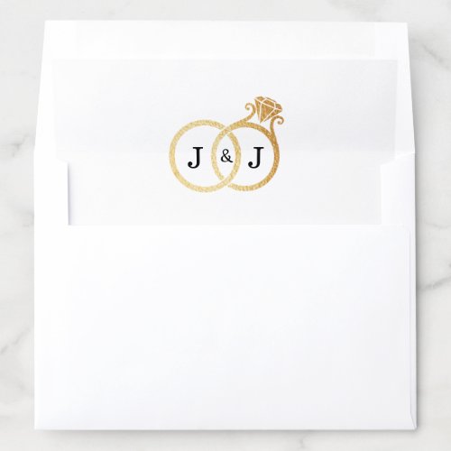 Chic Faux Gold Foil Monogram Wedding Rings Envelope Liner