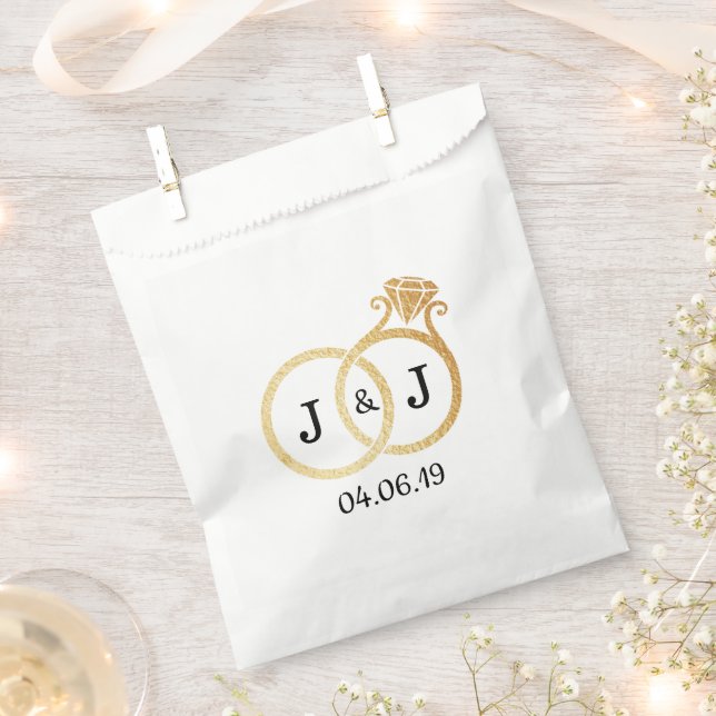 Chic Faux Gold Foil Monogram Wedding Rings Favor Bag (Clipped)