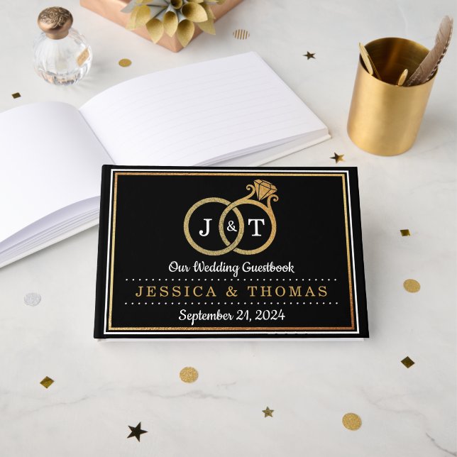 Chic Faux Gold Foil Monogram Wedding Rings Guest Book (Front Open)
