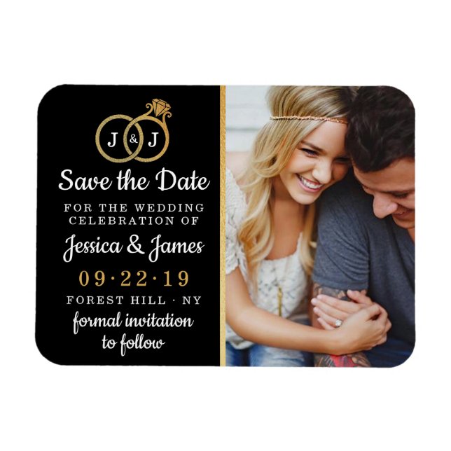 Chic Faux Gold Foil Monogram Wedding Rings Magnet (Horizontal)