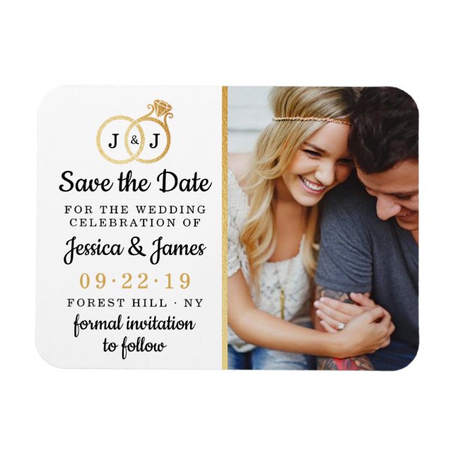 Chic Faux Gold Foil Monogram Wedding Rings Magnet (Horizontal)