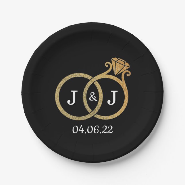Chic Faux Gold Foil Monogram Wedding Rings Paper Plates (Front)
