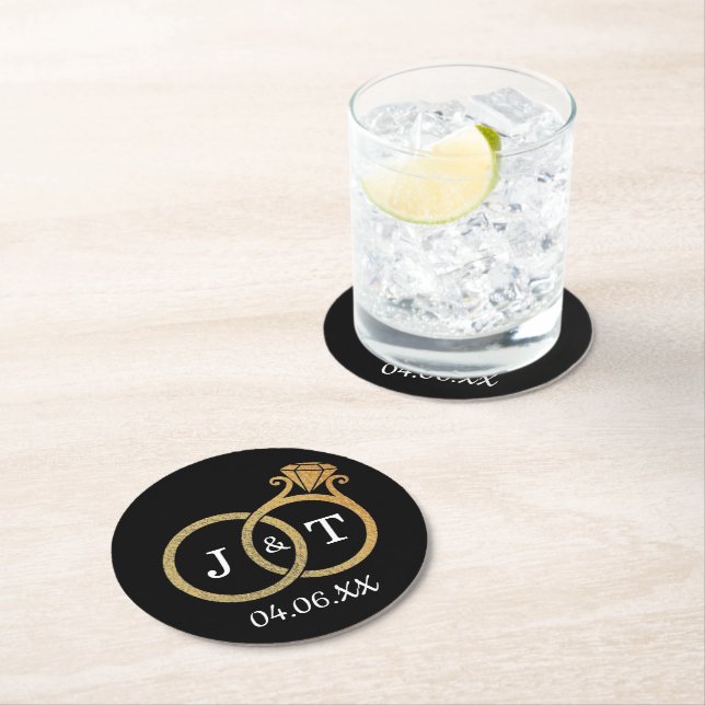 Chic Faux Gold Foil Monogram Wedding Rings Round Paper Coaster (Insitu)