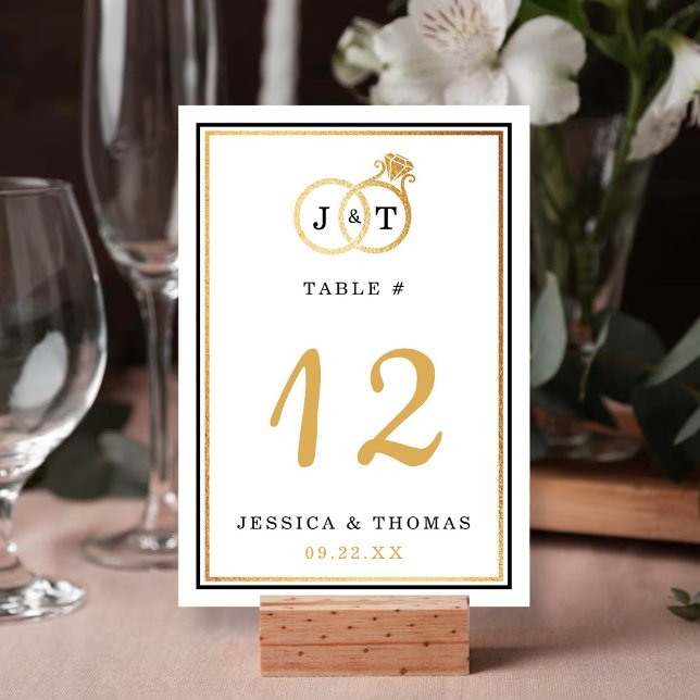 Chic Faux Gold Foil Monogram Wedding Rings Table Number (Creator Uploaded)