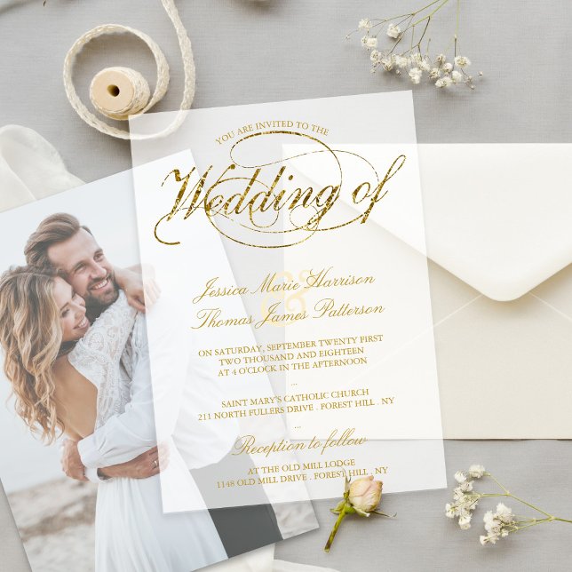 Chic Faux Gold Foil Script Wedding Vellum Invitations (Creator Uploaded)
