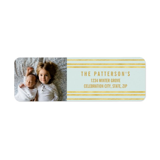 Chic Faux Gold foil Stripes Light Blue Photo Label (Front)