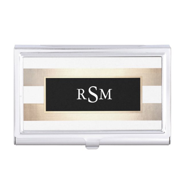 Chic Faux Gold Foil Stripes Monogram Black Plaque Business Card Case (Front)