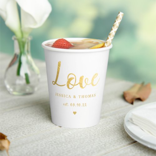 Chic Faux Gold Foil Typography Script Love Wedding Paper Cups