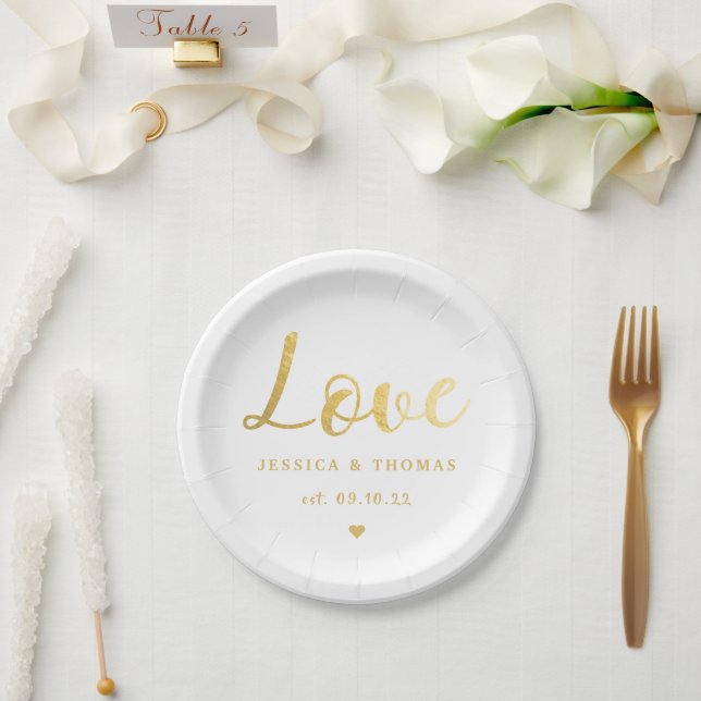 Chic Faux Gold Foil Typography Script Love Wedding Paper Plates (Wedding)