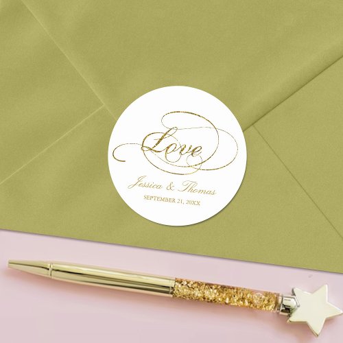 Chic Faux Gold Foil Wedding Favor Template Classic Round Sticker