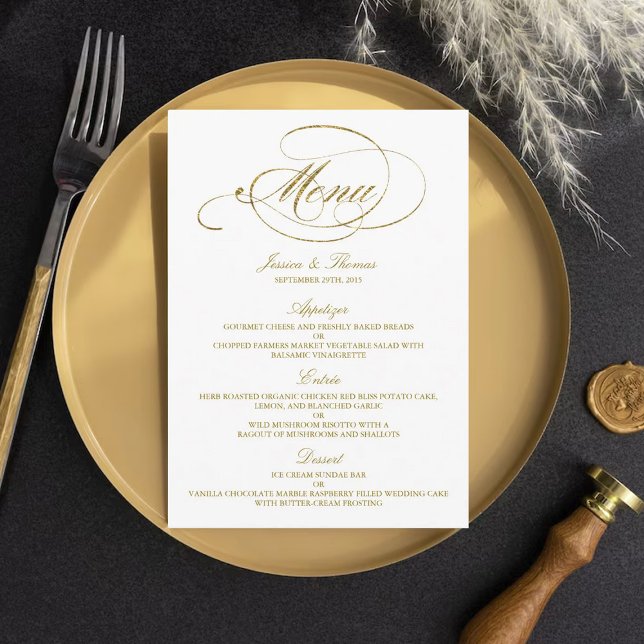 Chic Faux Gold Foil Wedding Menu Template (Creator Uploaded)